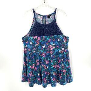 Torrid Womens Tank Top Tiered Crochet Navy Blue Floral Sleeveless Swing Sz 2/XL